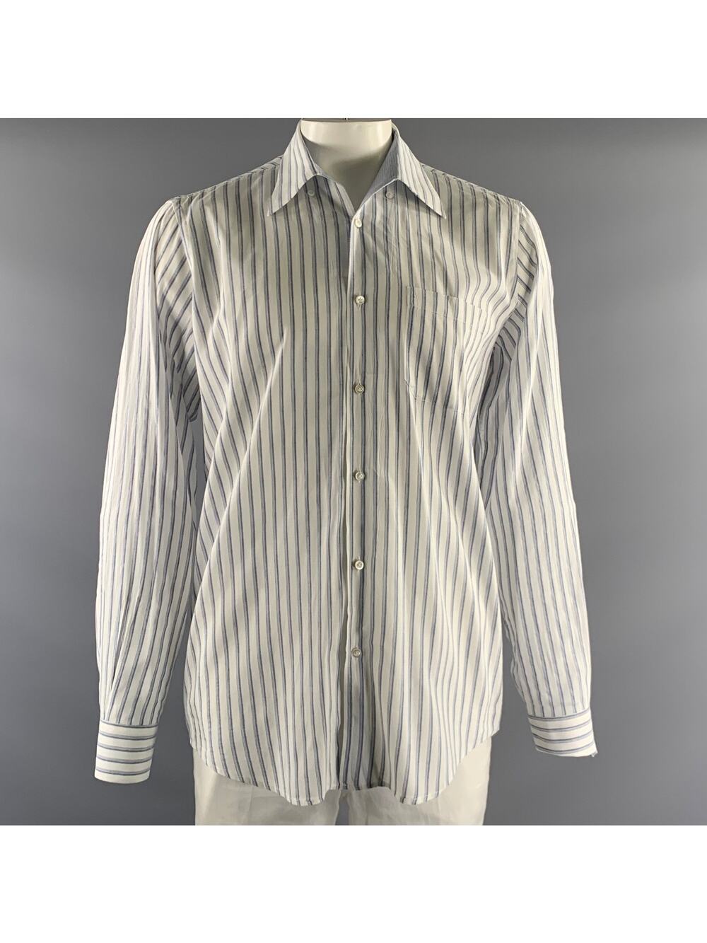 LUCIANO BARBERA Size L White Blue Stripe Linen Blend Camp Long Sleeve Shirt